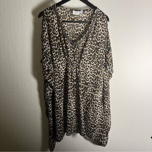 Jaclyn Smith Black and Cream, Leopard print Short Sleeve Oversized Swim Coverup